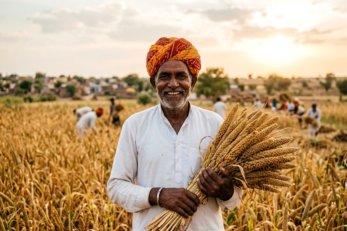 Indian farmer holding harvested millet sheaves at Citiblock FPC farm