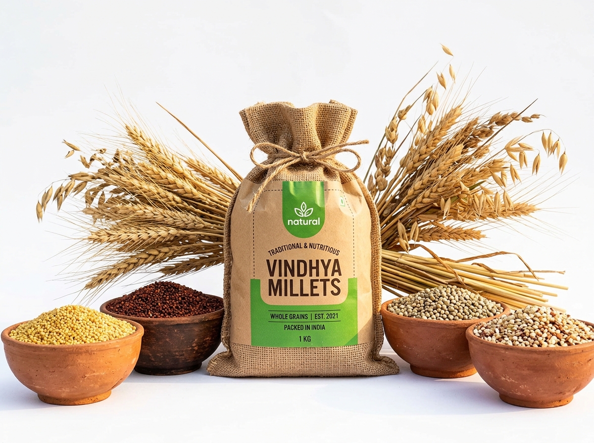 Vindhya Millets organic grain sack with traditional clay bowls
