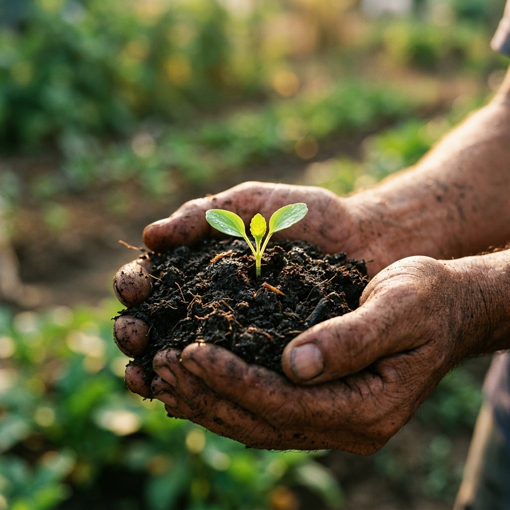 Hands holding fertile soil with a fresh green seedling sprout