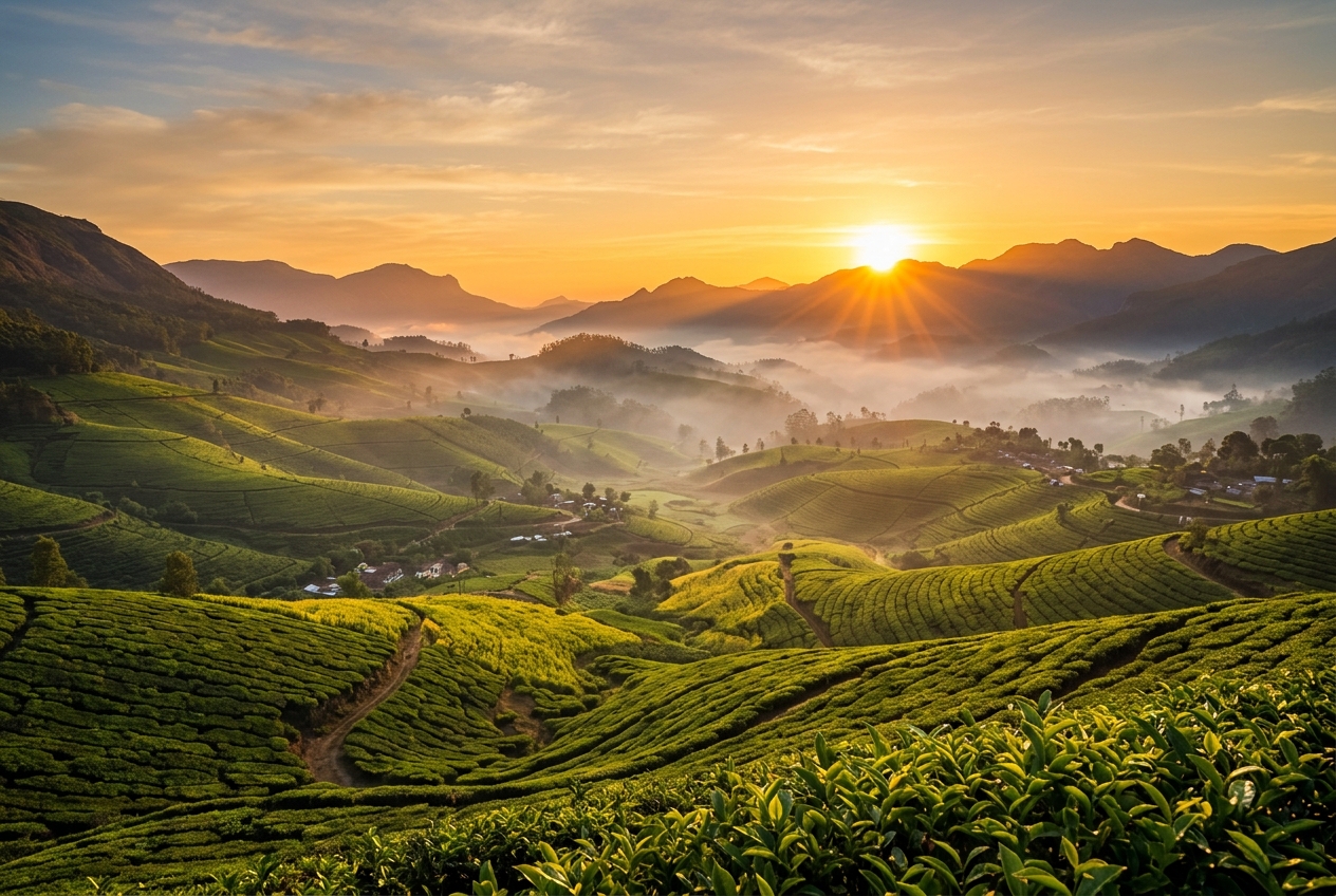Golden sunrise over terraced hills